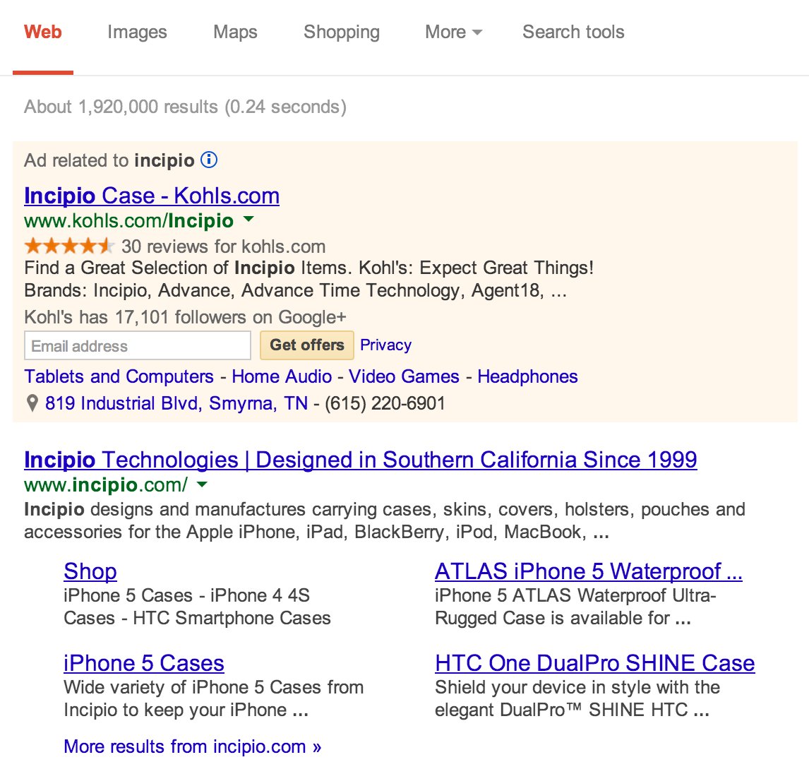 An example of a "paid" advertisement in Google Search results.&nbsp;
