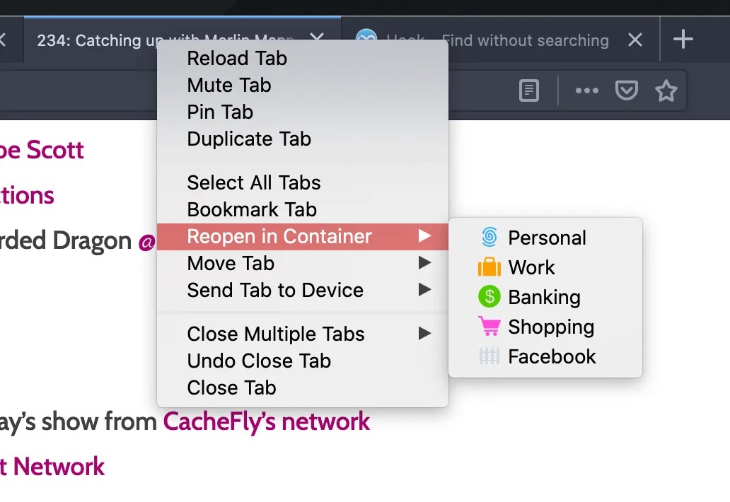 Containers in action after you right-click on a tab.