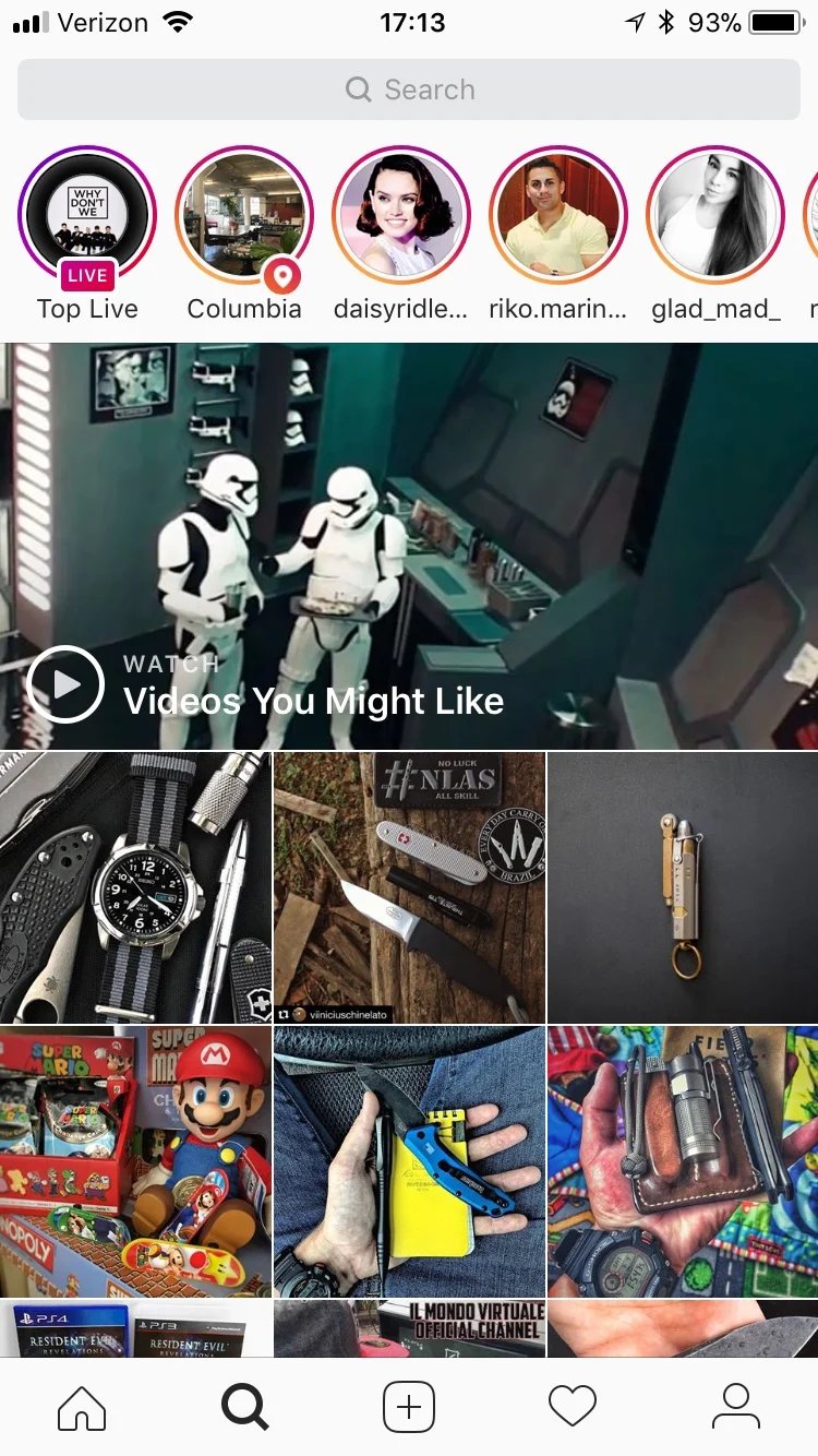 A screenshot of the Search & Explore tab on my account. Basically just Star Wars, Nintendo, and knives.&nbsp;